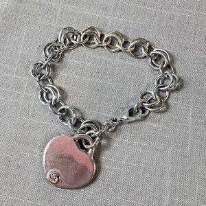 Silver Tone Chain Bracelet with Heart with Rhinestone Charm